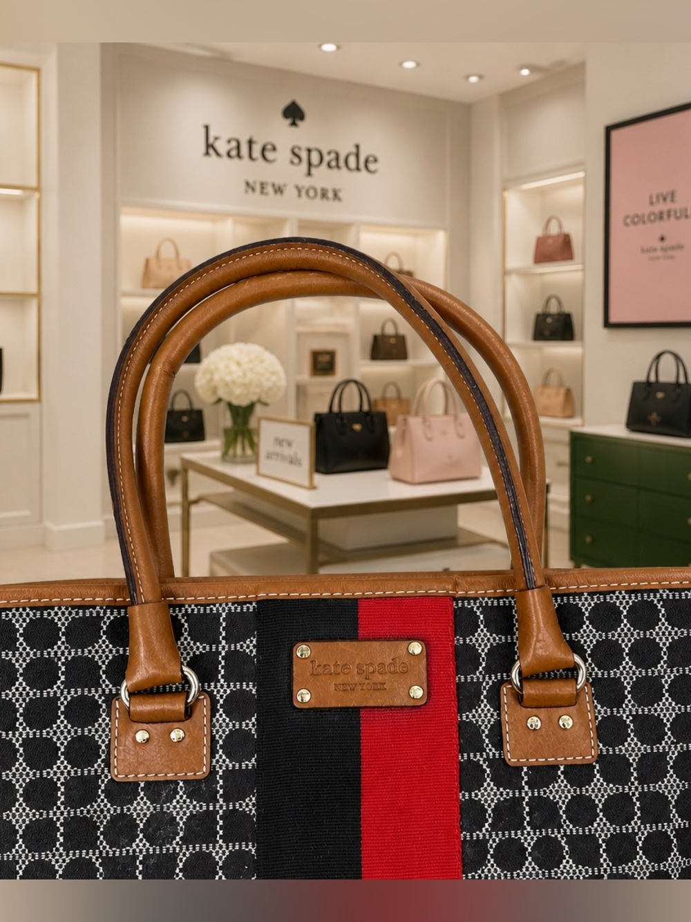 kate spade Black, Red & Tan Jacquard Stripe Tote - Picture 6 of 15